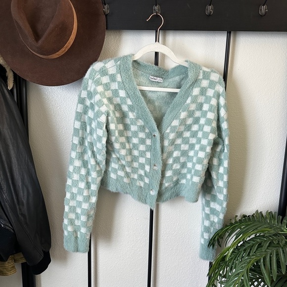 Aster blue pastel checker checkerboard fuzzy knit button cardigan sweater crop - Picture 1 of 5